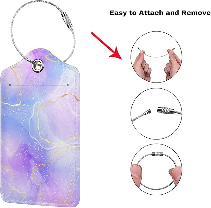 2Pcs Light Purple Blue Leather Luggage Tags with Golden and White Lines for Women Girls Travel, Pretty Abstract Lavender Violet Watercolor Marble Name ID Identifier Labels for Suitcase Baggage Bag