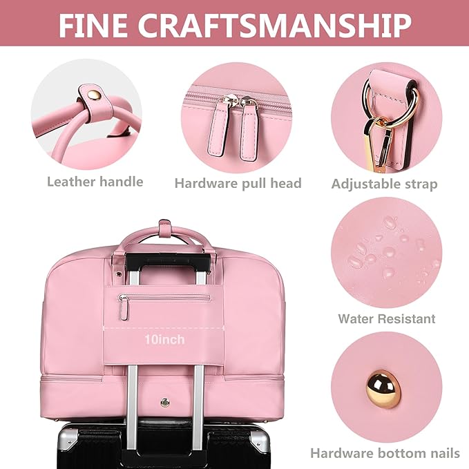 4PCS Leather Duffle Bags, Weekender Bag for Women Men, Large Travel Duffel-Overnight Bag with Toiletry, Makeup, Shoulder Bag, Faux Leather Carry On with Shoe Compartment (Pink)