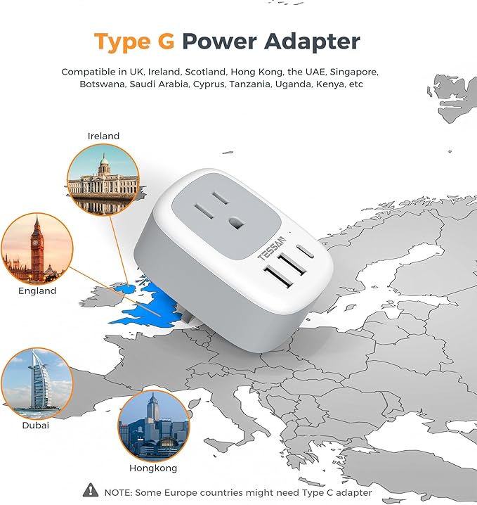UK Adapters for Travel, TESSAN US to UK Plug Adapter, Ireland Outlet Plug with 3 USB Charger (1 USB C Port), Type G Power Adaptor for USA to England Qatar Hong Kong Scotland Dubai London Kenya Irish