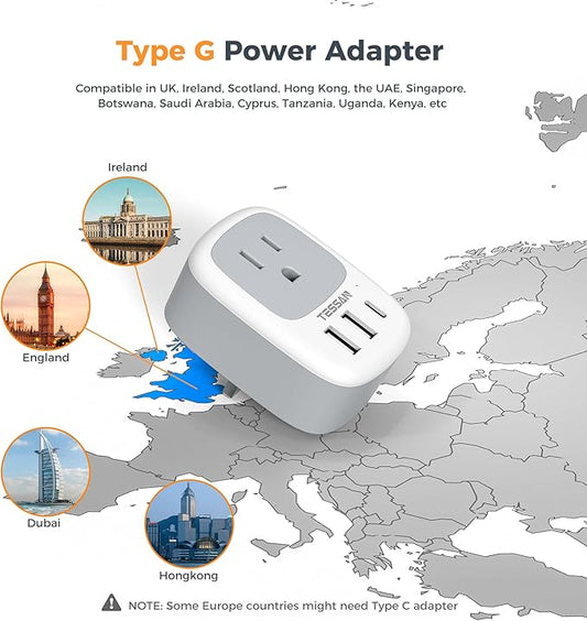 UK Adapters for Travel, TESSAN US to UK Plug Adapter, Ireland Outlet Plug with 3 USB Charger (1 USB C Port), Type G Power Adaptor for USA to England Qatar Hong Kong Scotland Dubai London Kenya Irish