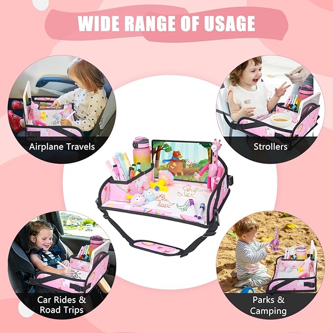 Kids Travel Tray for Car Airplane - Car Seat Tray for Kids Travel, Toddler Carseat Lap Table, Road Trip Essentials, Lap Desk for Kid Roadtrip Activities, Pink Unicorn