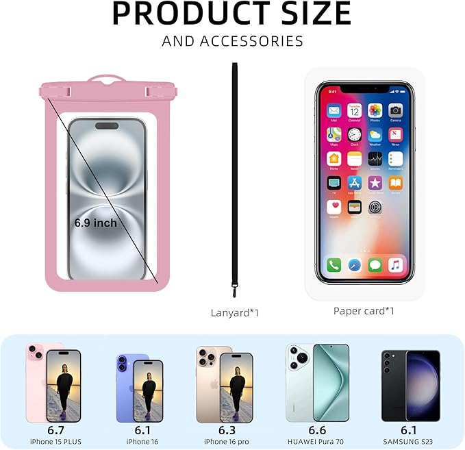 [Up to 6.9" 2 Pack Waterproof Phone Pouch Case,Waterproof Phone Bag for iPhone 17 16 15 14 13 Pro Max Plus Galaxy S25 S24 Ultar Plus+,IPX8 Cellphone Dry Bag Beach Travel Essentials-Pink
