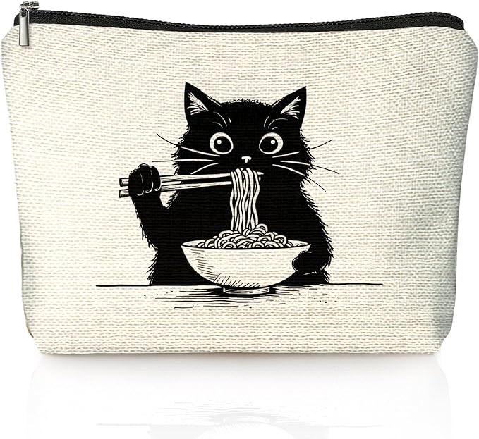 Black Cat Makeup Bag, Funny Black Kitty Eat Noodles Cosmetic Bags for Women, Cat Mom Lady Lover Gifts for Women, Pet Lovers Owners Gifts Zipper Makeup Pouch
