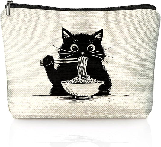 Black Cat Makeup Bag, Funny Black Kitty Eat Noodles Cosmetic Bags for Women, Cat Mom Lady Lover Gifts for Women, Pet Lovers Owners Gifts Zipper Makeup Pouch