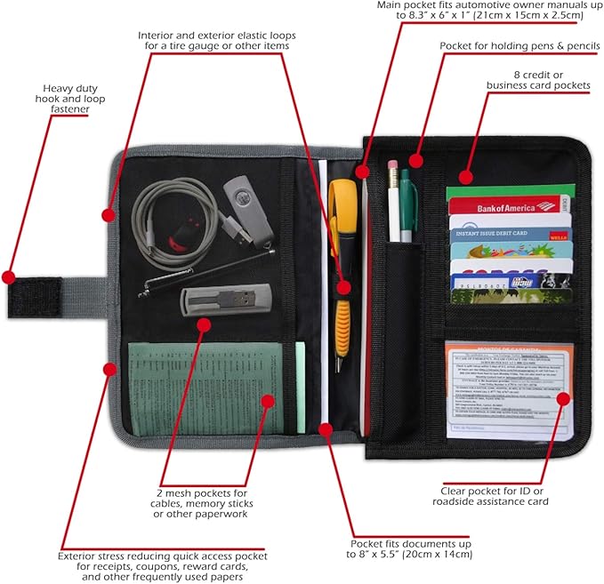 Glove Box Compartment Organizer - Car Document Holder - Owner Manual Case Pouch - Vehicle Storage Wallet for Registration & Insurance Card - Premium Auto Paperwork Holder - Log Book included - Gray