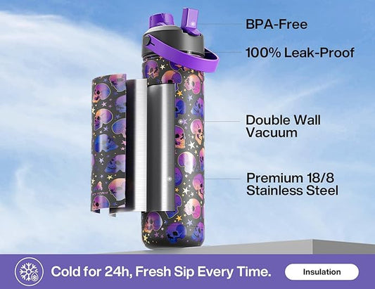 26 oz Insulated Water Bottle with 2-in-1 Straw and Spout Lid, Keep Cold 24H, Leak-Proof, Fits in Car Cup Holder, Stainless Steel Water Bottle for Gift, Trip, Holiday, Sports (Skull Realm)