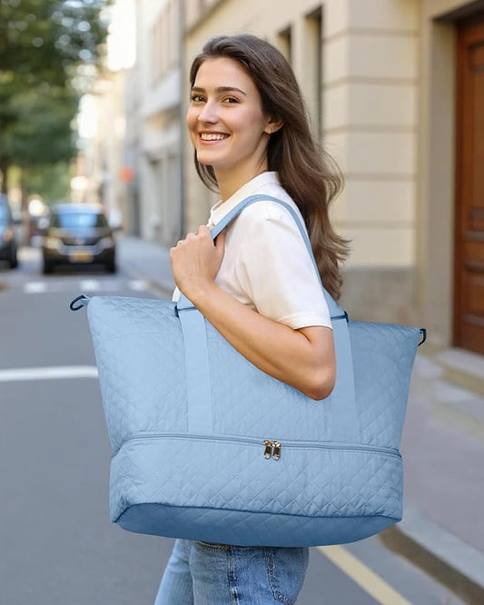 HOTOR Travel Duffel Bag - Weekender Bags for Women, Carry On Overnight Bag with Shoe Compartment, with Toiletry Bag for Travel Essentials and Travel Accessories, Blue, 15.8"×18.1"×8.7"