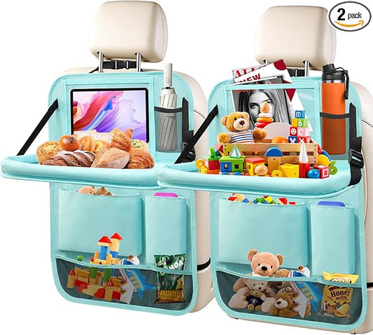 2Pack Car Backseat Organizer with Foldable Table Tray,6 Storage Pockets Car Storage Organizer with Tablet Holder,Car Seat Back Protectors Kick Mats Travel Accessories Blue
