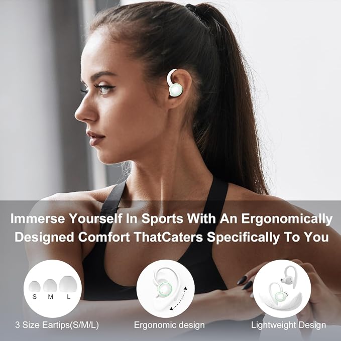 Wireless Earbuds, Bluetooth 5.4 Headphones Sport, Over Ear Buds With ENC Noise Cancelling Mic, 48H, Wireless Earphone With Earhooks, Stereo Deep Bass, IP7 Waterproof Headset for Workout Running, White
