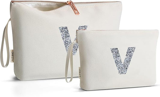 A-Z BAG 2pcs Personalised Makeup Bag Set, Canvas Cosmetic Bag with Rhinestone Initial, Birthday Gifts for Women (V, Beige)
