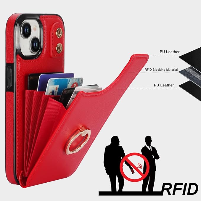 Folosu Compatible with iPhone 15 Case Wallet with Card Holder, 360°Rotation Finger Ring Holder Kickstand, RFID Blocking Leather Protective Double Buttons Shockproof Cover 6.1 Inch Red