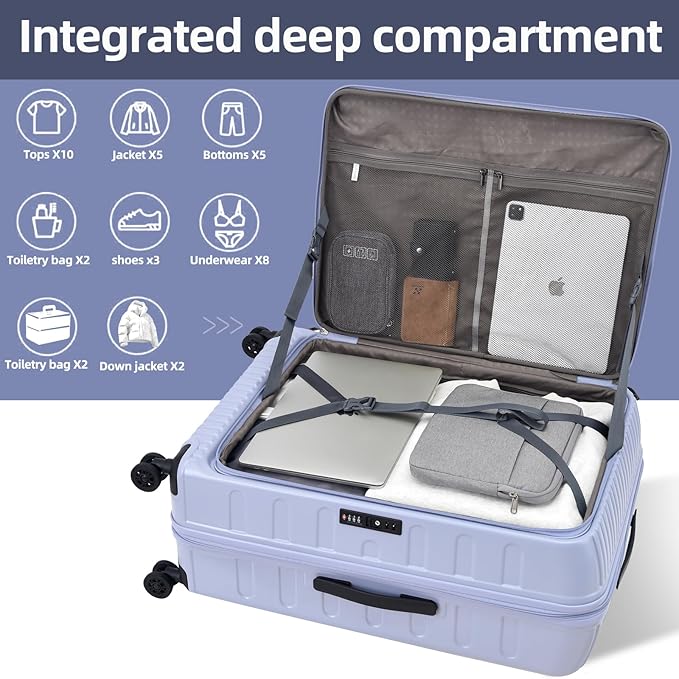 2 Pieces 20/29 Luggage Sets, 20 Inch Cabin Luggage with Front Pocket & 29 Inch Side Opening Suitcase, Ligthweight ABS+PC Hardshell, TSA Lock with HINOMOTO 360° Wheels, Lilac Purple