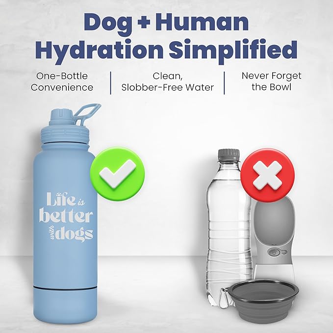 Dog Water Bottle for Dog Lovers - 32 oz Stainless Steel Double Wall Insulated Water Bottle with 8 oz Detachable Bowl on Bottom- Ideal Doggy Lover Gift for Christmas - “Life is Better” - Dusty Blue