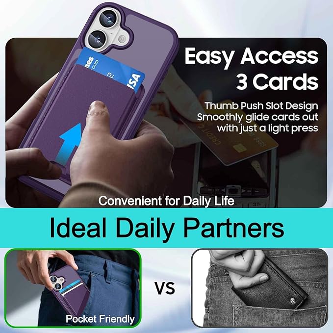 Ntwinro Magnetic for iPhone 17 Case (Compatible with MagSafe) with Detachable Wallet & Card Holder for 3 Cards [RFID Blocking] Military Grade Protective Slim Phone Cover, Purple