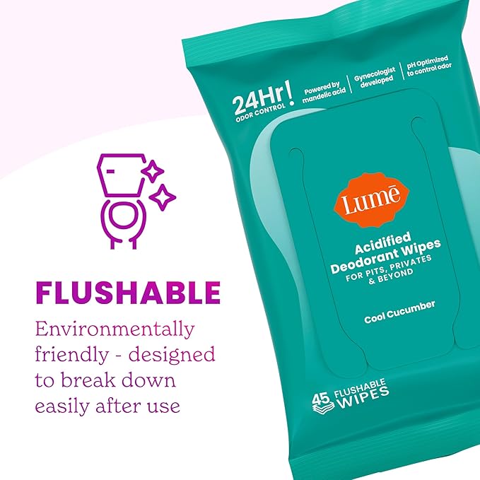 Lume Acidified Deodorant Wipes - 24 Hour Odor Control - Aluminum Free, Baking Soda Free, Skin Loving - 45 Count (Pack of 2) (Cool Cucumber)