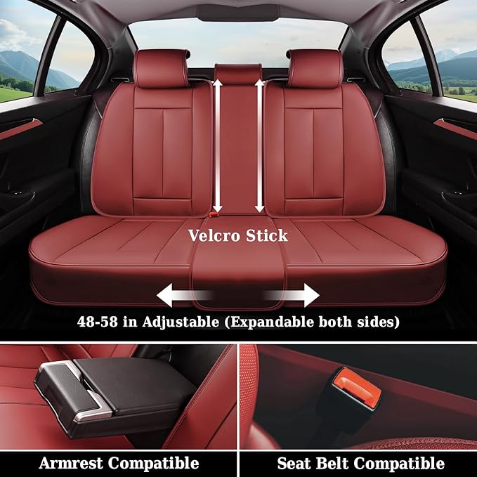 Coverado Universal Seat Covers Full Set, Universal Seat Covers for Cars, 5 Seats Waterproof Nappa Leather Car Seat Covers with Head Pillow, Auto Protectors Fit for Most Sedans SUV Pick-up Truck-Red