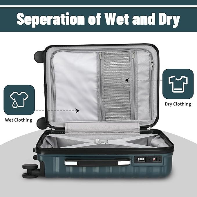 Lightweight Luggage with Spinner Wheels & YKK Zipper, 3-Piece Suitcase ABS+PC Hardside Hard Shell Luggage Set with TSA Lock, Teal Blue (20+24+28 inch)