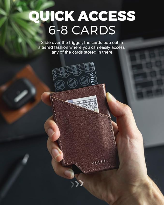VULKIT Pop up Card Wallet Genuine Leather RFID Blocking Slim Aluminum Metal Bank Card Holder Case with Business Money Pocket for Credit Cards Notes and Coins Espresso