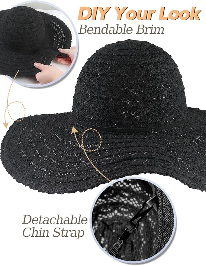 Sun Beach Hats for Women Summer Floppy Wide Brim Sunhat Packable Foldable Lace Travel Vacation