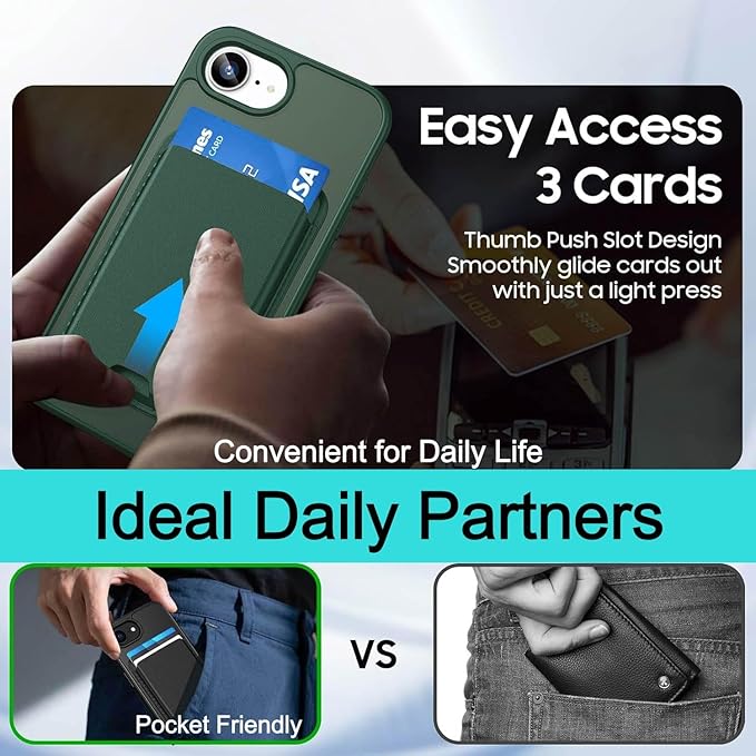 Ntwinro Magnetic for iPhone 16e Case (Compatible with MagSafe) with Detachable Wallet & Card Holder for 3 Cards [RFID Blocking] Military Grade Protective Slim Phone Cover, Green
