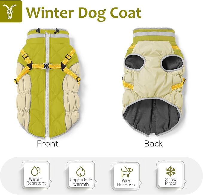Abuandi Dog Winter Coat with Harness, Dog Jacket, Pet Clothes with Zipper on Back, Waterproof Windproof Warm Vest, Reflective Cold Weather Coats, for Small Medium Large Dogs, Thick, Green, L
