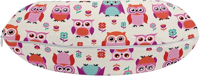 Ambesonne Owls Travel Pillow Neck Rest, Owls Happy Childhood Hipster Modern Repeated Animals Pattern Illustration, Memory Foam Traveling Accessory for Airplane and Car, 12", Fuchsia Seafoam
