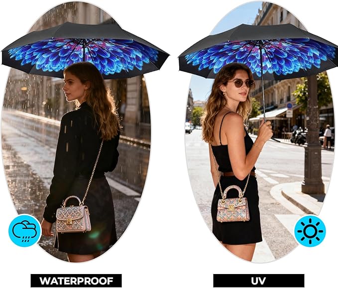 LLanxiry Compact Travel Umbrella, Automatic Open/Close Windproof Umbrella, 10 Fiberglass Ribs, 210T Pongee, UPF 50+ Sun/Rain, Lightweight Portable Umbrellas Travel Size with Carry Sleeve