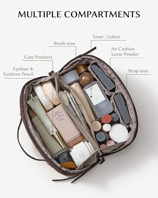 EACHY Travel Makeup Bag, Large Toiletry Bag for Women, Flat-Opening Organizer Pouch with Compartments