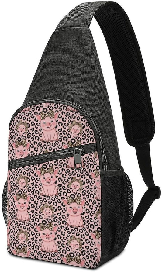 SWEET TANG Sling Backpack for Women, Cute Multipurpose Crossbody Shoulder Bag, Comfortable and Lightweight Adjustable Travel Hiking Daypack Cute Pig Leopard Print Pink