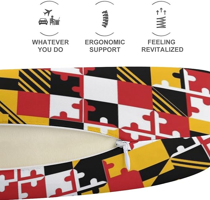 Men’s Comfort U-Shaped Neck Pillow Memory Foam Travel, Maryland State Flag U-Shape, Breathable Car Airplane Support