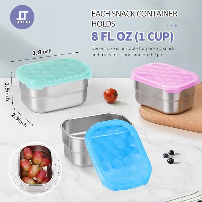 Snack Pro - Small (1 CUP) Stainless Steel Snack Containers for Kids | Easy Open Leak Proof Food Containers with Silicone Lids - Perfect Metal Toddler Lunch Box for Daycare and School (8oz)