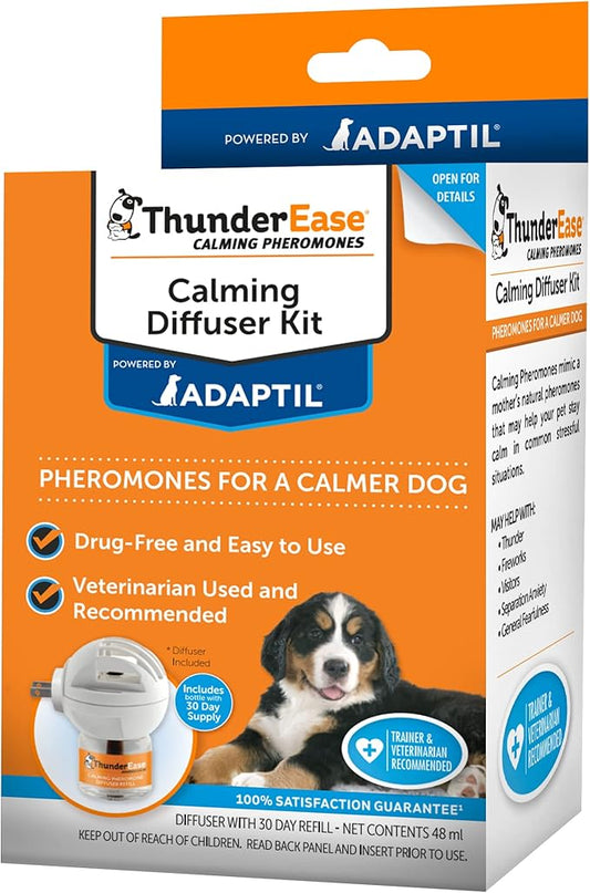 ThunderEase Dog Calming Pheromone Diffuser Kit | Powered by ADAPTIL | Vet Recommended to Relieve Separation Anxiety, Stress Barking and Chewing, and the Fear of Fireworks and Thunderstorms (60 Day Sup