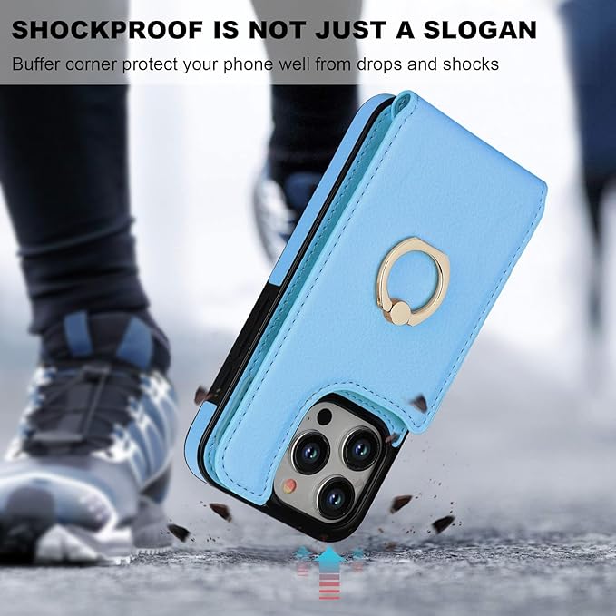 Folosu Compatible with iPhone 15 Pro Case Wallet with Card Holder, 360°Rotation Finger Ring Holder Kickstand, RFID Blocking Leather Protective Double Buttons Shockproof Cover 6.1 Inch Blue
