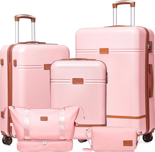 Krute Luggage Sets 5 Pieces Suitcase Set Hard Shell Carry On Luggage with Spinner Wheels TSA Approved Durable PC+ABS Hard Side Suit Case