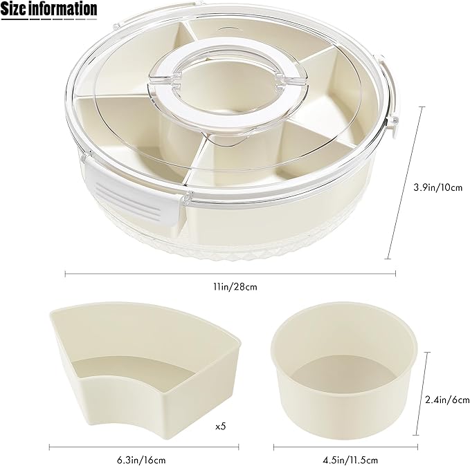 TAROSE Divided Serving Tray with Lid and Handle, 360° Rotating 6.6L Large Capacity Snackle Box Container with Dividers, Portable Snack Boxs for Fruit Veggie Salad, Beach Essentials Ideal for Picnic