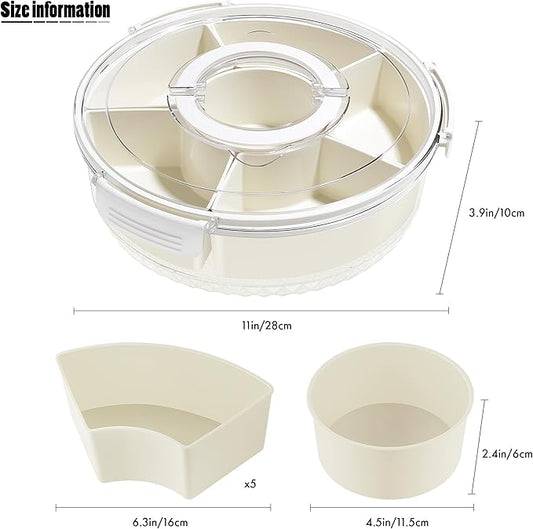 TAROSE Divided Serving Tray with Lid and Handle, 360° Rotating 6.6L Large Capacity Snackle Box Container with Dividers, Portable Snack Boxs for Fruit Veggie Salad, Beach Essentials Ideal for Picnic