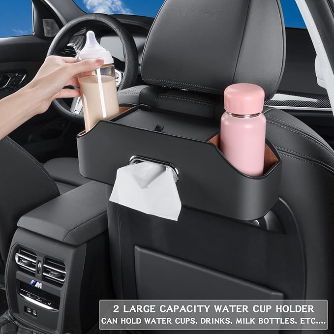 HOLDCY Car Back Seat Organizer with 2 Drink Cup Holder - Tissue Box and Storage Box Hook - Multi-functional Storage - Great for Kids and Travel (Black)