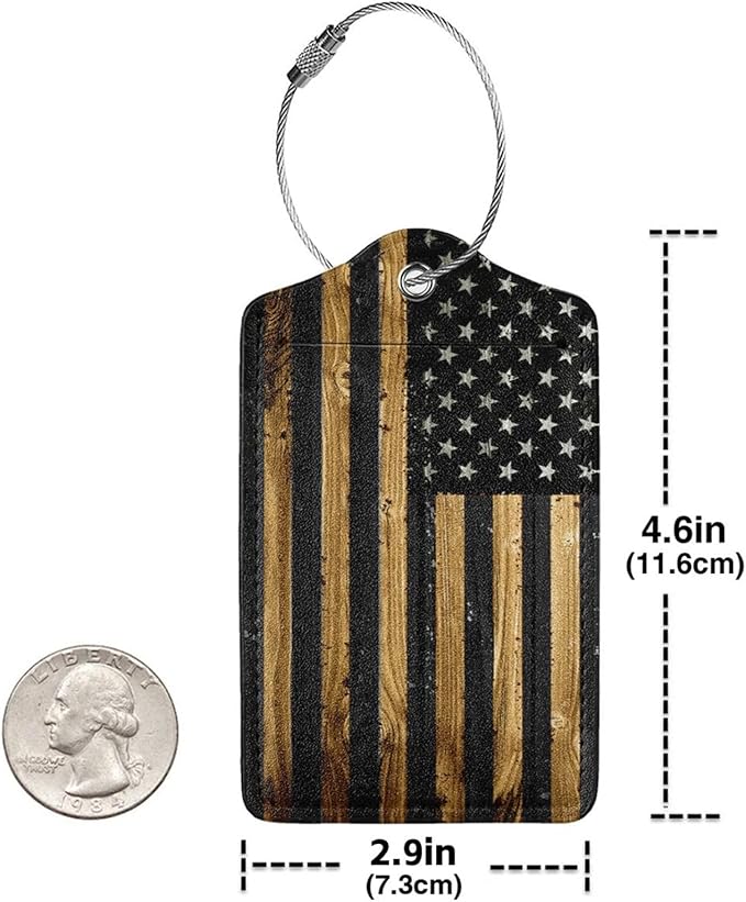2 Pack Luggage Tags for Suitcase, Privacy Cover ID Label with Stainless Steel and Address Card for Travel Bag Backpack Cruise Ship Essentials Tag Women Men - Wood American Flag