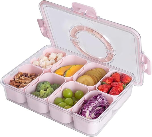 Snackle Box Container with Sealed Lid – Portable BPA-Free Snack Box with Foldable Handle, Divided Serving Tray for Fruit, Candy, Nuts & Veggies – Perfect for Travel, Picnic, Beach & Party 11.8" x 8.8"
