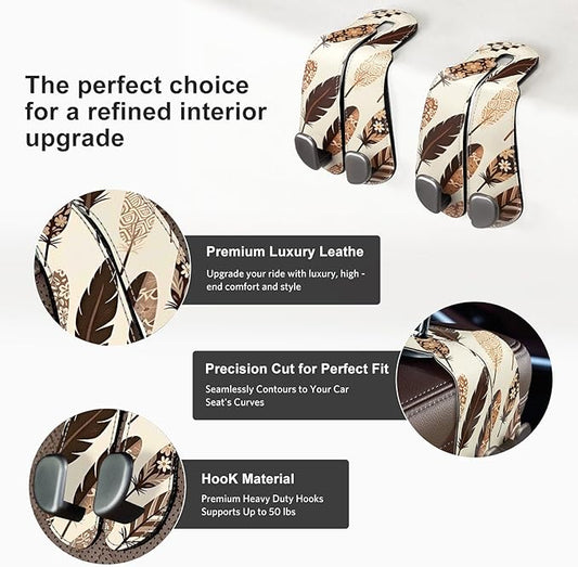 CoBak Purse Hook for Car - Universal Premium Stitched Leather and Aluminum-Magnesium Alloy Double Car Seat Back Storage Hook for Purses, Handbags, Bags (2 Pack),Brown