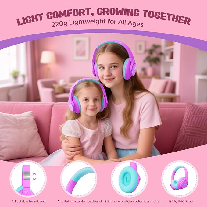 Nova1Lite Kids Wireless Active Noise Cancelling Headphones, Bluetooth 5.3, Safe Volume 74/85/94dB, Real 40H Battery, Type-C Fast Charging, boy Girl Built-in Mic for School Travel Airplane
