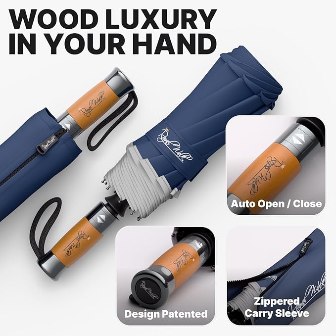 Royal Walk Windproof Folding Travel Umbrella Compact and Strong Luxurious Real Wood Handle Automatic Open Close Vented Double Canopy for Men and Women