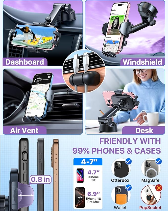 2026 Ultimate Best【True Military-Grade & Safety Cert】Car Phone Holder【Upgraded 5-in-1 & 100+LBS Strongest Suction】360 Rotation Truck Windshield Dashboard Vent Mount Stand for iPhone Android, Purple