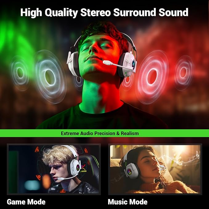 Wireless Gaming Headset with Noise Canceling Microphone for PC, PS5, PS4, Switch, Mac, 2.4 GHz Wireless & Bluetooth 5.4 Gaming Headphones, Cool RGB Lighting, 50Hr Battery, 50mm Drivers(White Black)