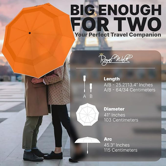 Royal Walk Windproof Folding Travel Umbrella Compact and Strong Luxurious Real Wood Handle Automatic Open Close Vented Double Canopy for Men and Women