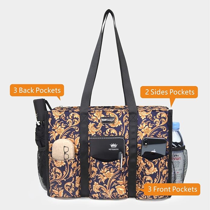 TOPDesign Utility Water Resistant Tote Bag with 13 Pockets, Top Zipper Closure & Thick Bottom Support, for Working Women
