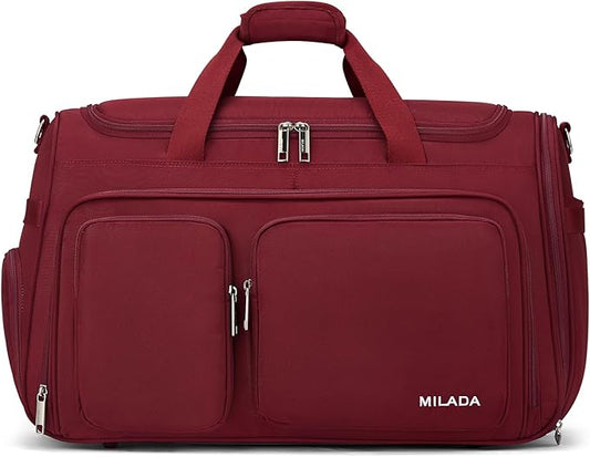 MILADA Carry On Luggage Bags for Travel Large Foldable Duffle Bag for Travel Lightweight Personal Bags for Airplanes Weekend Overnight Bags for Women Mens Travel Bag, Burgundy