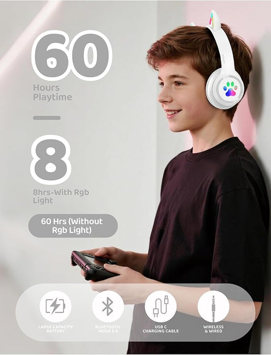 MIDOLA Kids Headphones Cat Ear Wireless Bluetooth 5.3 60H Over Ear, 8H with Led Light Foldable Music Gaming Headset with Aux 3.5mm Mic for Travel Pad Tablet White