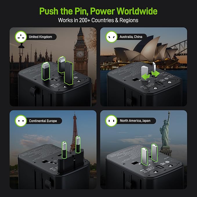 Epicka Pulse Duo 65W International Power Adapter, Universal Travel Adapter with 6-Port (2 AC/2 USB-A/2 USB-C), European Travel Plug Adapter with PD & QC 3.0 Fast Charging, Travel Essentials (Black)