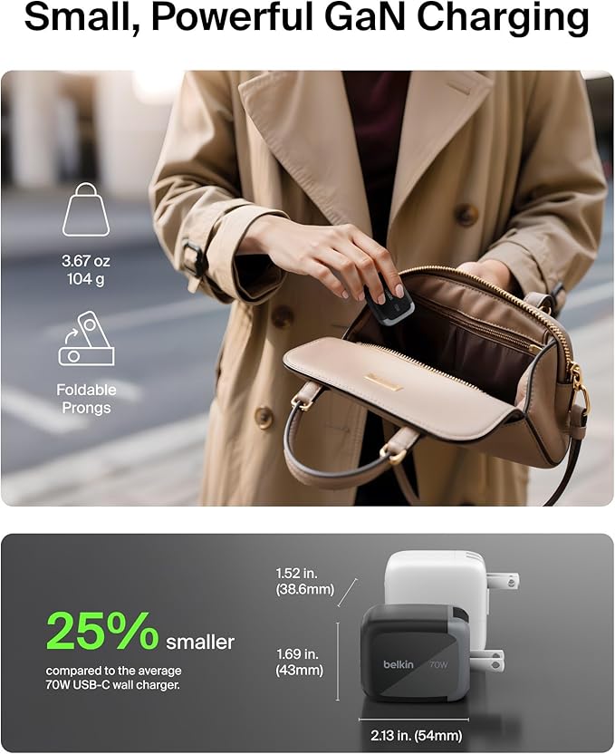 Belkin 3-Port USB C Charger Block 70W, Multi-Port GaN Wall Charger w/ 2X USB C Ports & 1x USB A Port, Fast Charging for MacBook, iPhone 17, iPad Pro, Samsung Galaxy S25, Google Pixel 10, & More